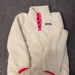 Vineyard Vines Girls Teddy Cream Pink Teddy Fleece Pullover Quarter Snap